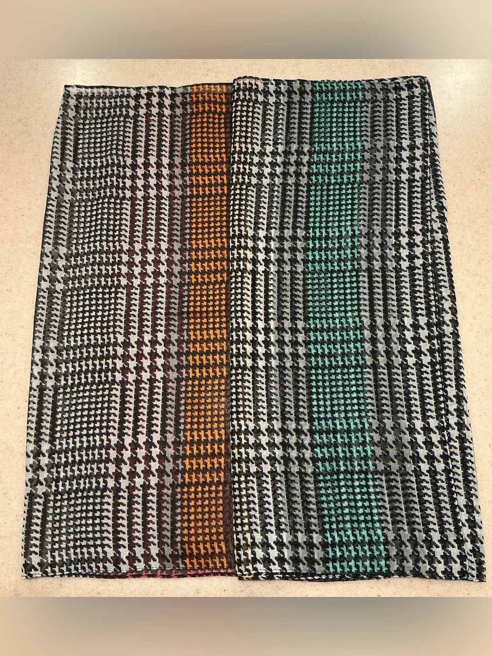 Classic Houndstooth Scarf with Orange and Teal Stripe Cowell Neck